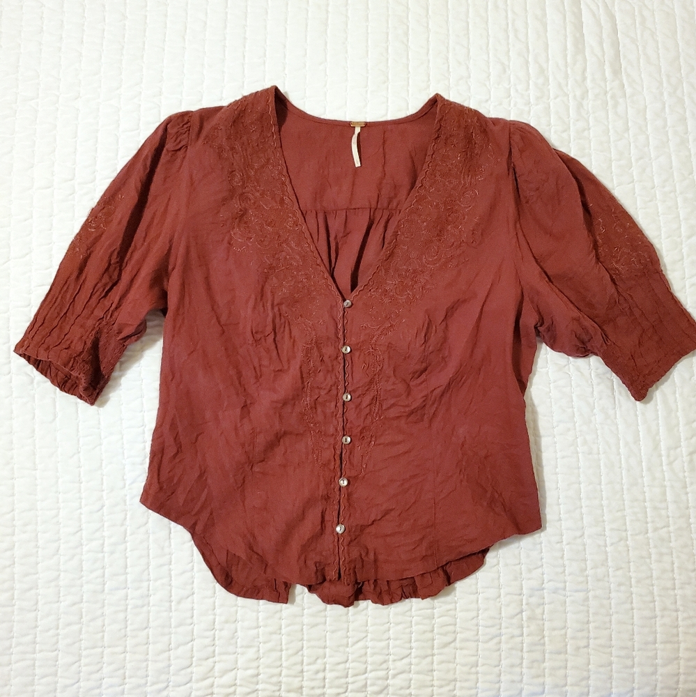 Free People Laurie Embroidered Blouse Large L Nutmeg
